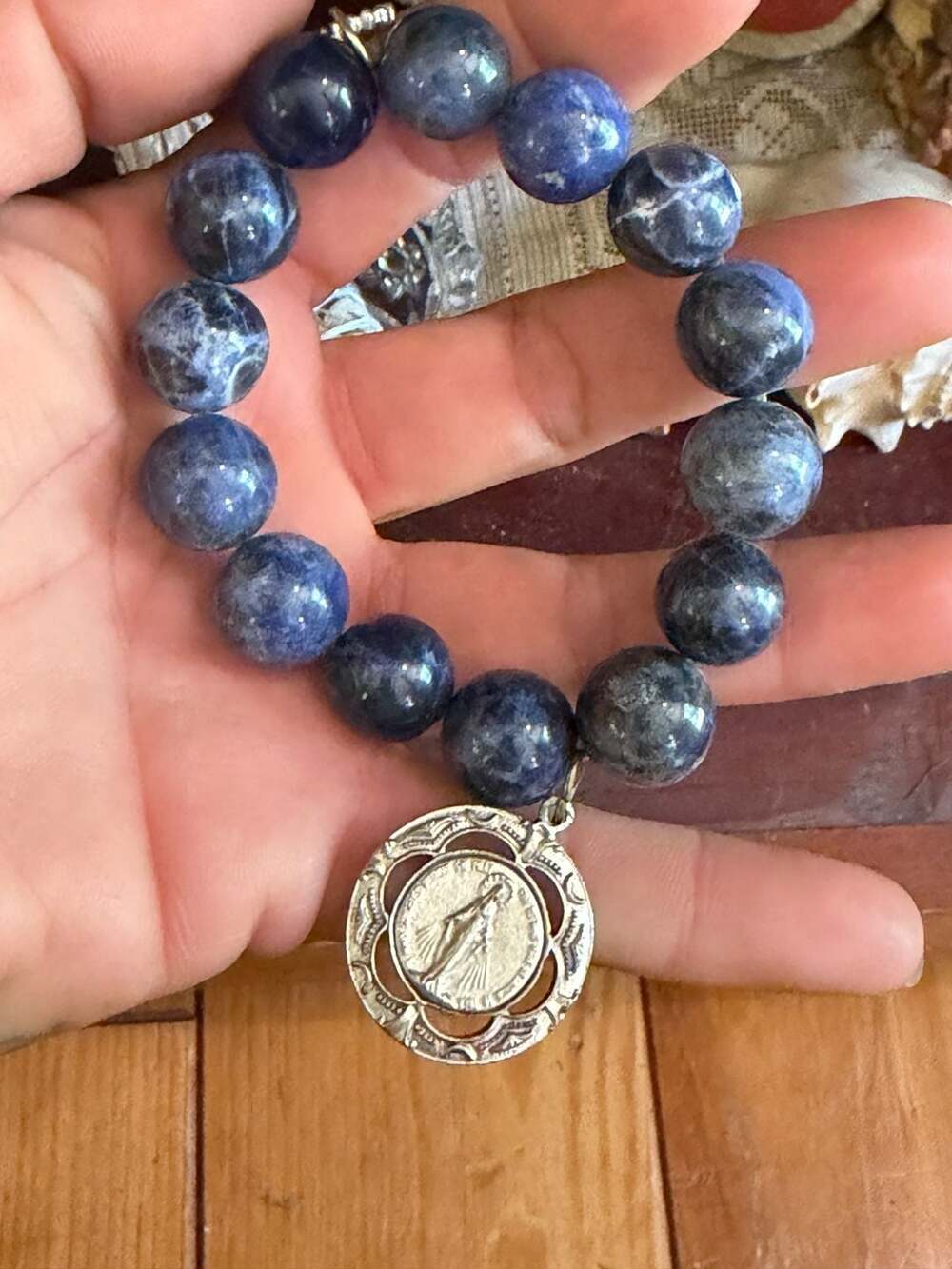 Catholic Vatican Sodalite Bead Stretch Bracelet with Miraculous Medal Charm